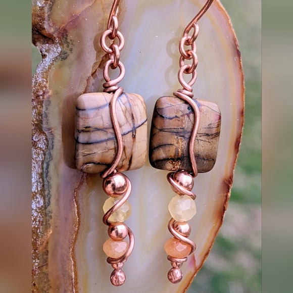 Artisan Jewelry - Desert Vibes Jasper Earrings Artisan Copper Wire Wrapped Design